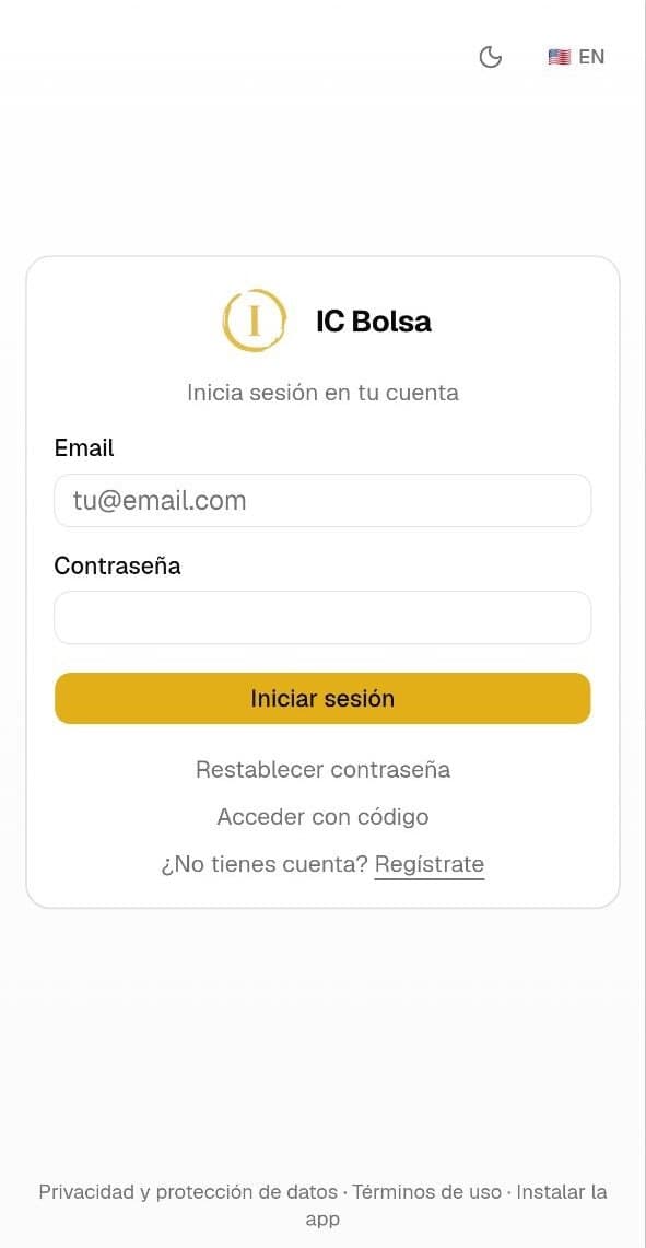 Abre IC Bolsa desde el icono nuevo. No deben aparecer las barras de Chrome. Si ves esta pantalla, inicia sesión antes de continuar.