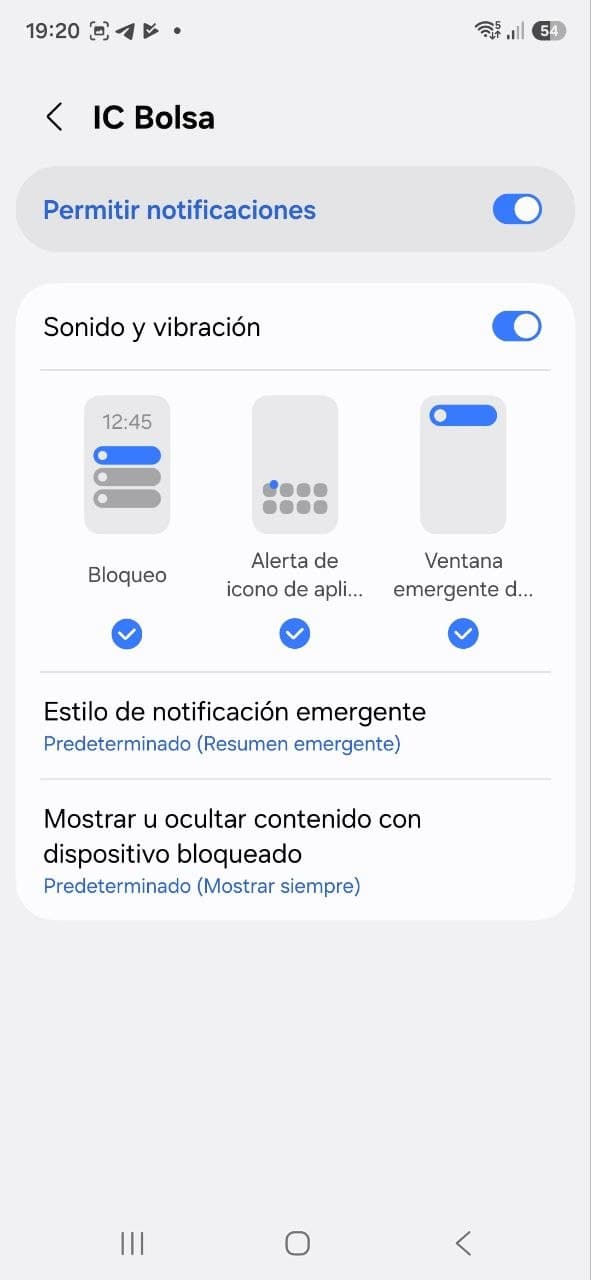 Comprueba que «Permitir notificaciones» y «Sonido y vibración» están activados. Deja marcadas las tres formas de aviso.