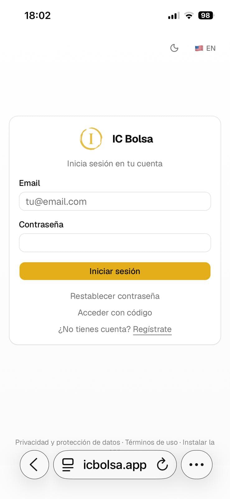 Abre icbolsa.app y pulsa los tres puntos de la esquina inferior derecha.