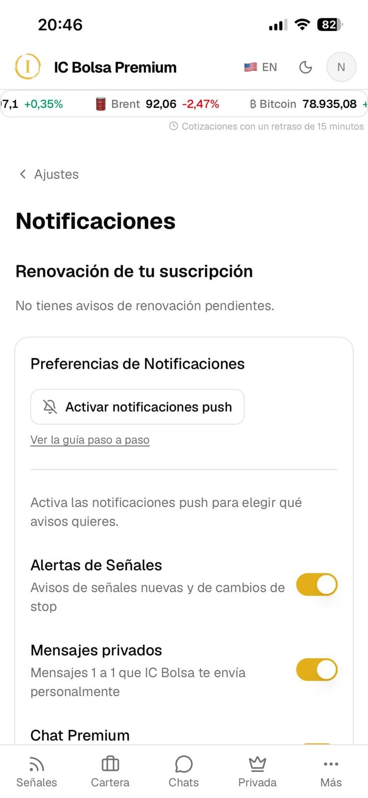 Pulsa «Activar notificaciones push».