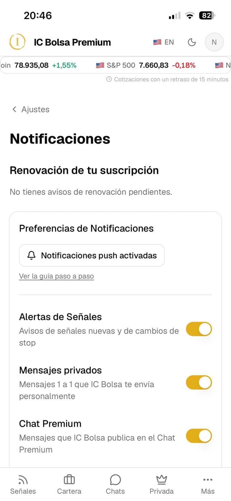 Comprueba que ahora pone «Notificaciones push activadas».