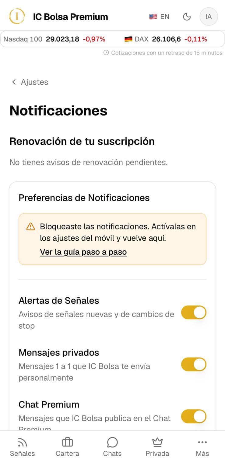 En IC Bolsa aparecerá el aviso «Bloqueaste las notificaciones».