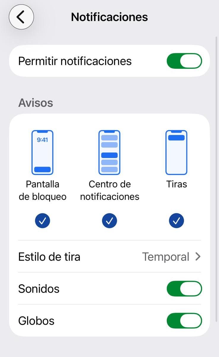 Activa «Permitir notificaciones», «Sonidos» y «Globos».